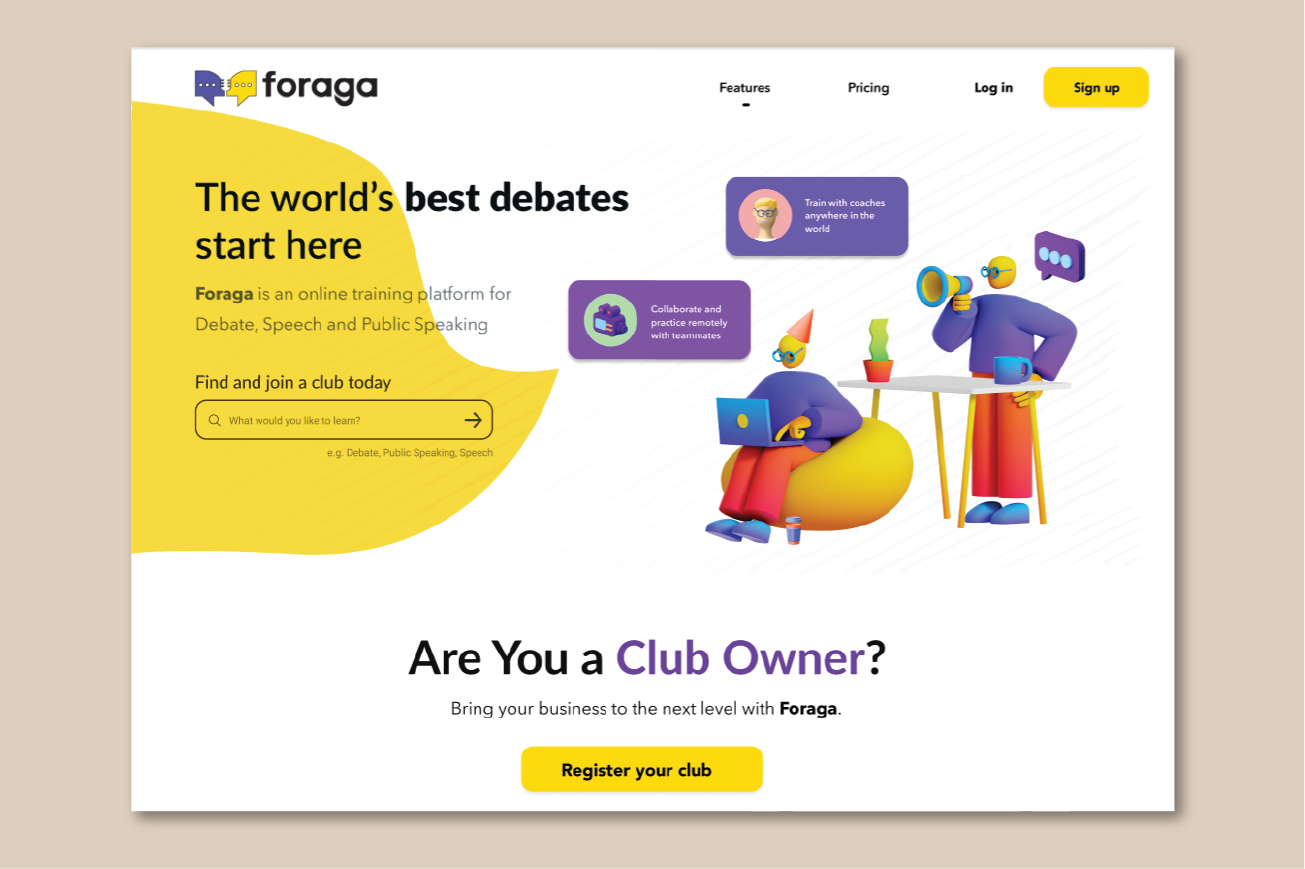 A website with a yellow background and a cartoon image of people.