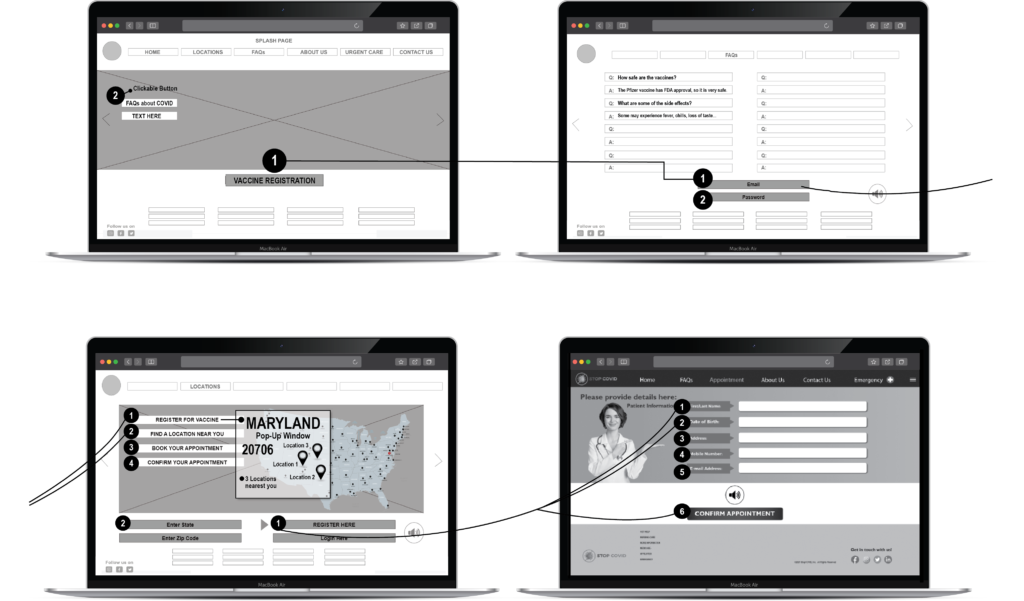 Four different screens of a website with various images.