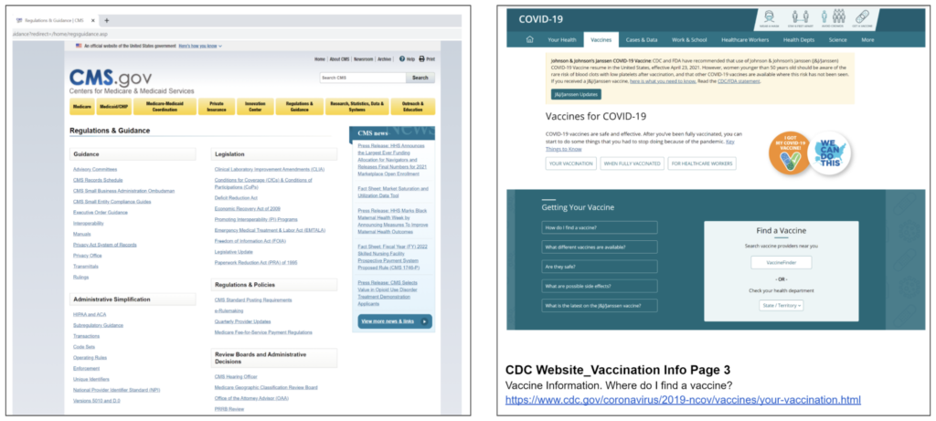 Two images of a website with the words cdc website, vaccination information and vaccine information.