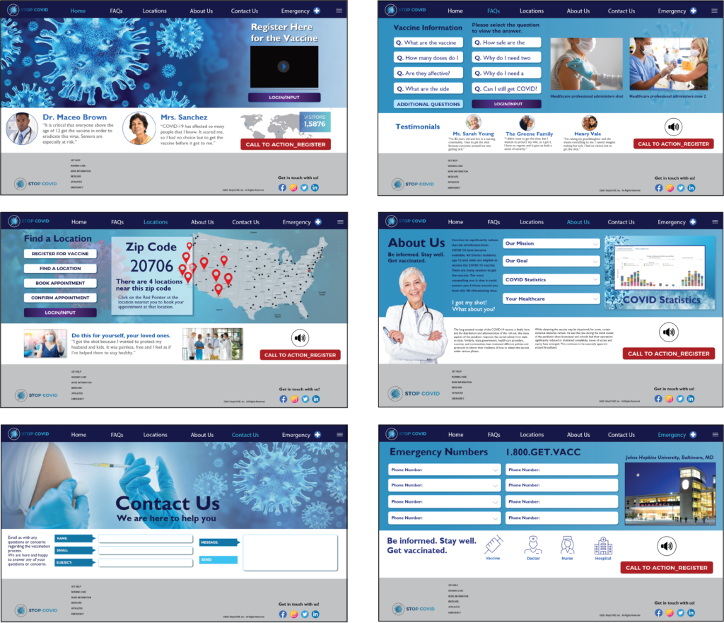 Six different screens of a website with medical information.