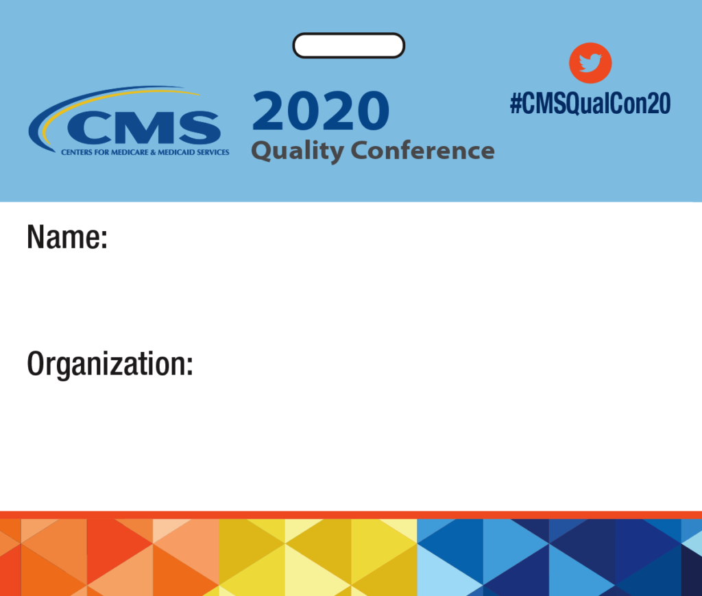 A conference badge with the name of the event and organization.